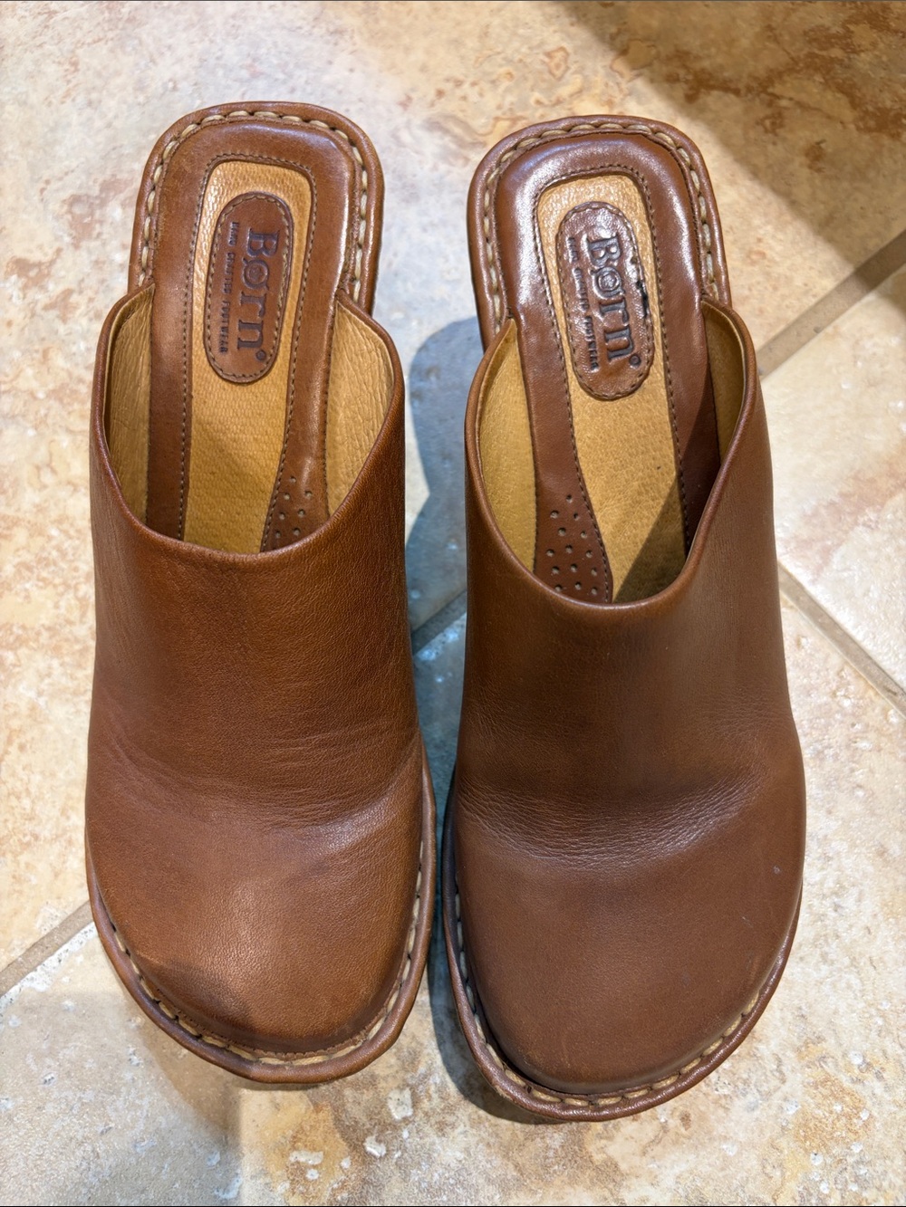 Born Brown Leather Wedge Mule Clogs - Picture 2 of 8